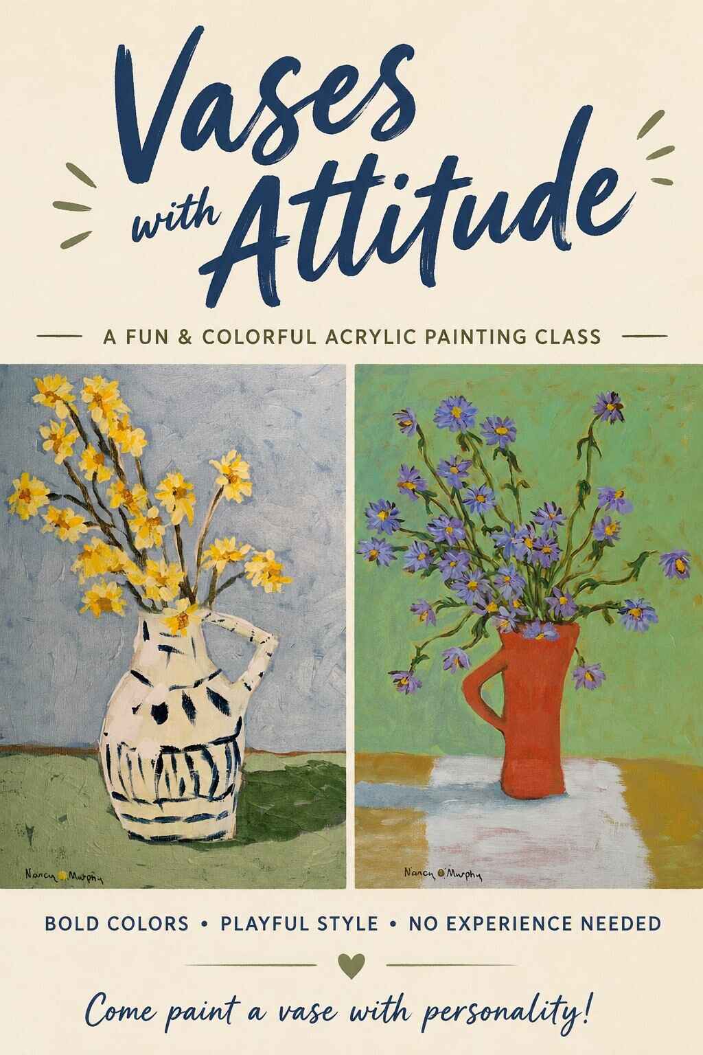 2026-A3 - Vases with Attitude - Floral Acrylic Painting Class with Nancy Murphy - Beginner image