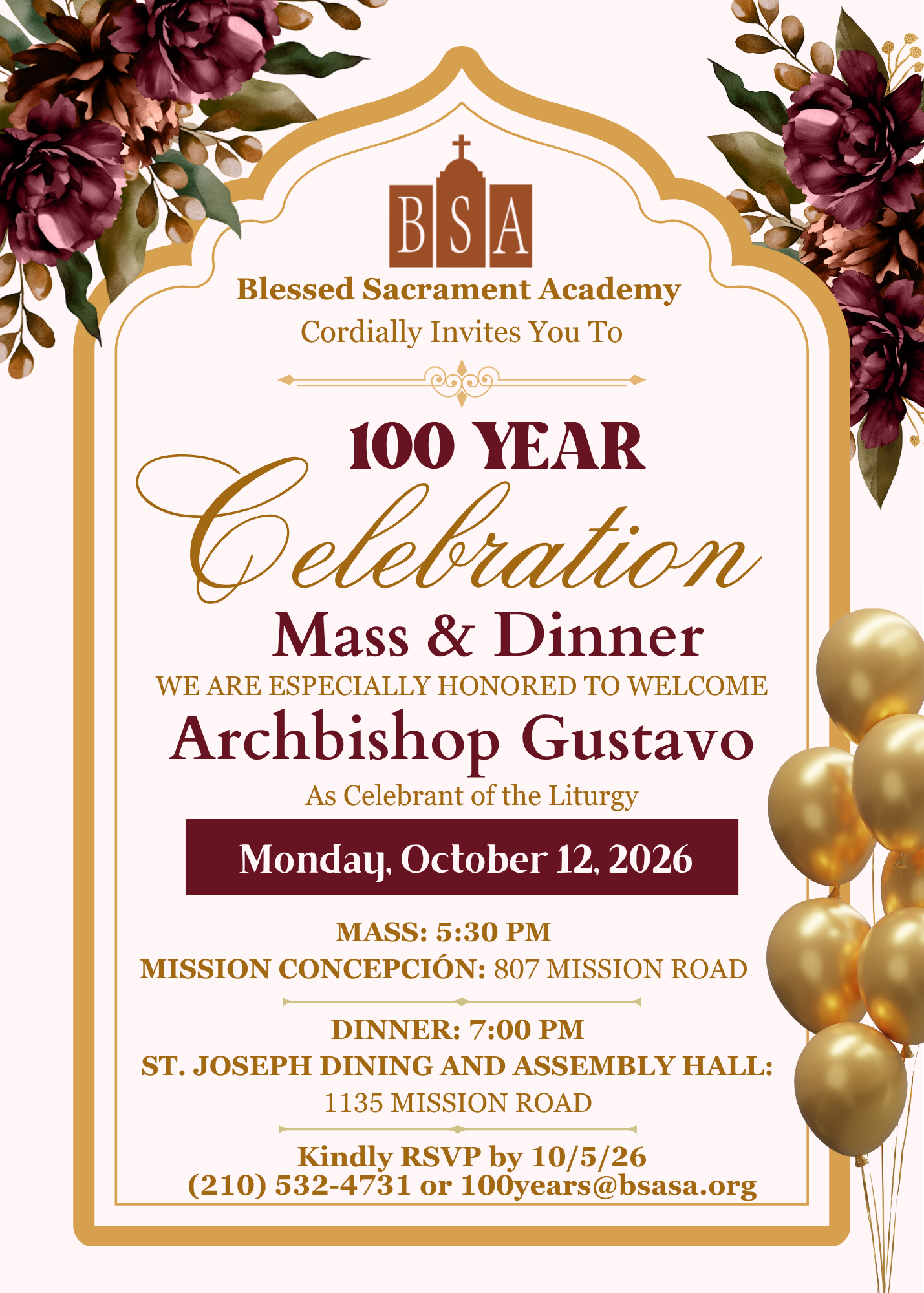 Blessed Sacrament Academy Centennial Mass & Dinner image