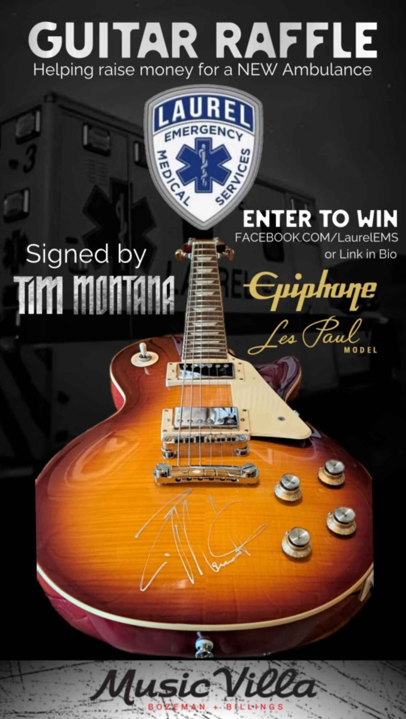 Rhythms for Rescue, Laurel EMS Ambulance Fundraiser with Autographed Guitar by Montana Musician, Tim Montana image