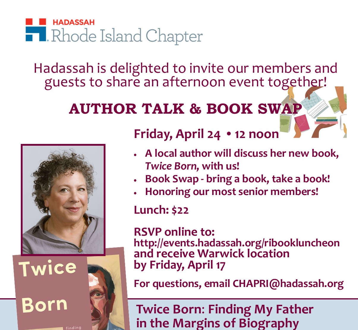 HNE: SNE Rhode Island Chapter Luncheon Honoring Hadassah Elders with Book Author & Book Swap 2026 image