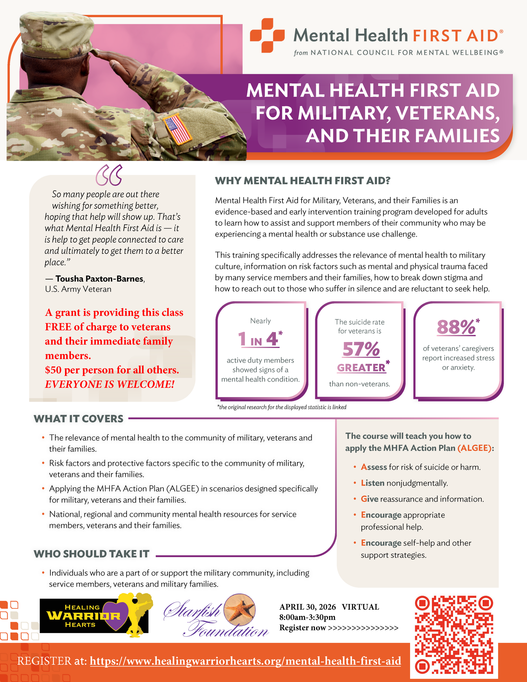 VIRTUAL - Mental Health First Aid Adult with Military, Veterans and Family focus image