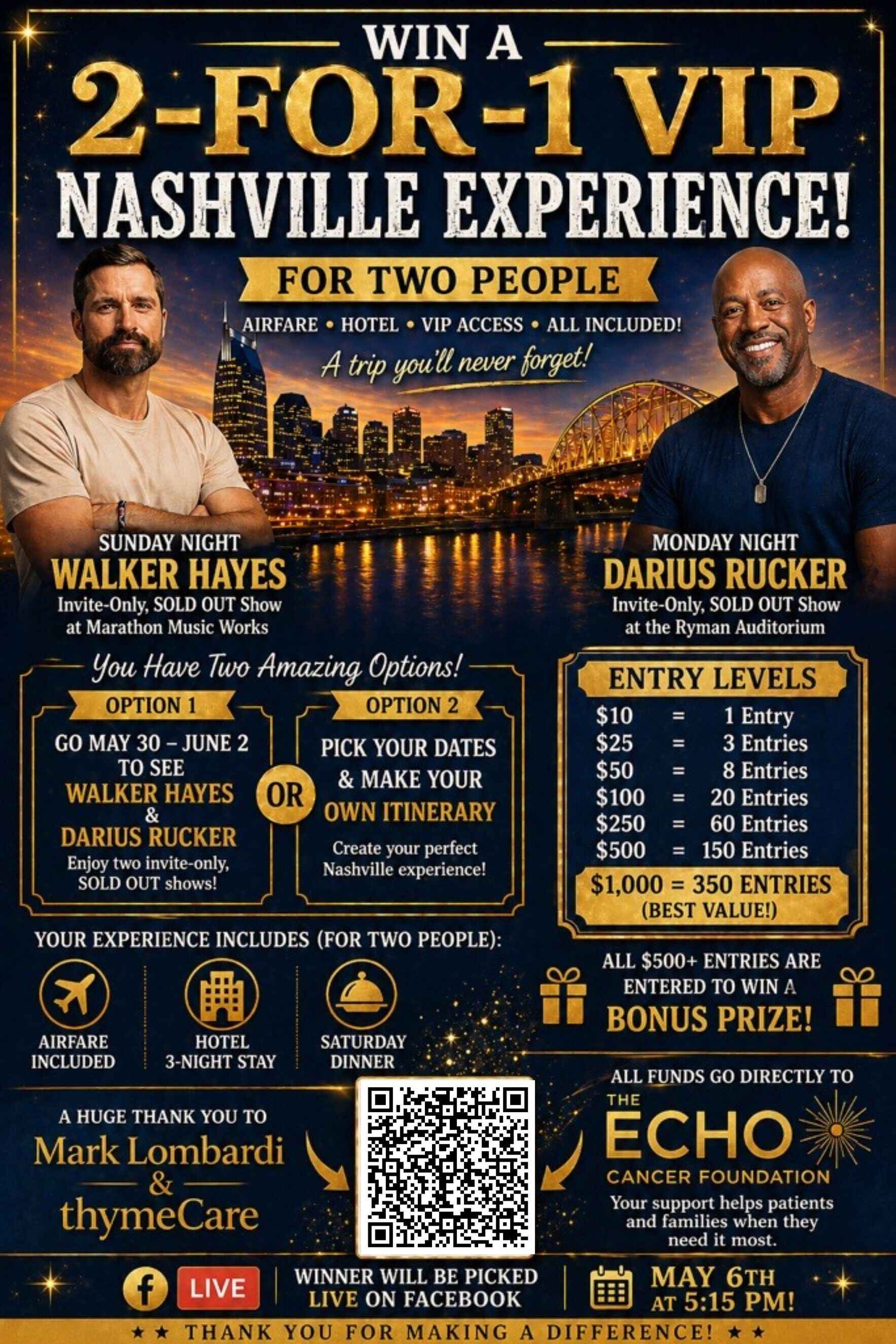 An Incredible 3 Night Nashville Experience w/ Walker Hayes & Darius Rucker OR Create YOUR own experience at YOUR convenience  image