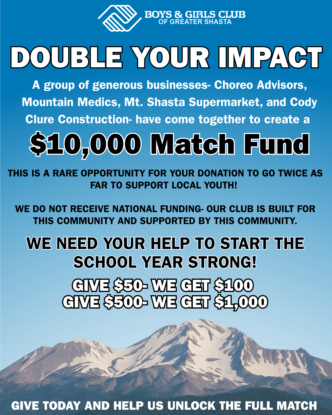 Your gift goes twice as far to help local kids start the school year strong. Every dollar matched up to $10,000! image