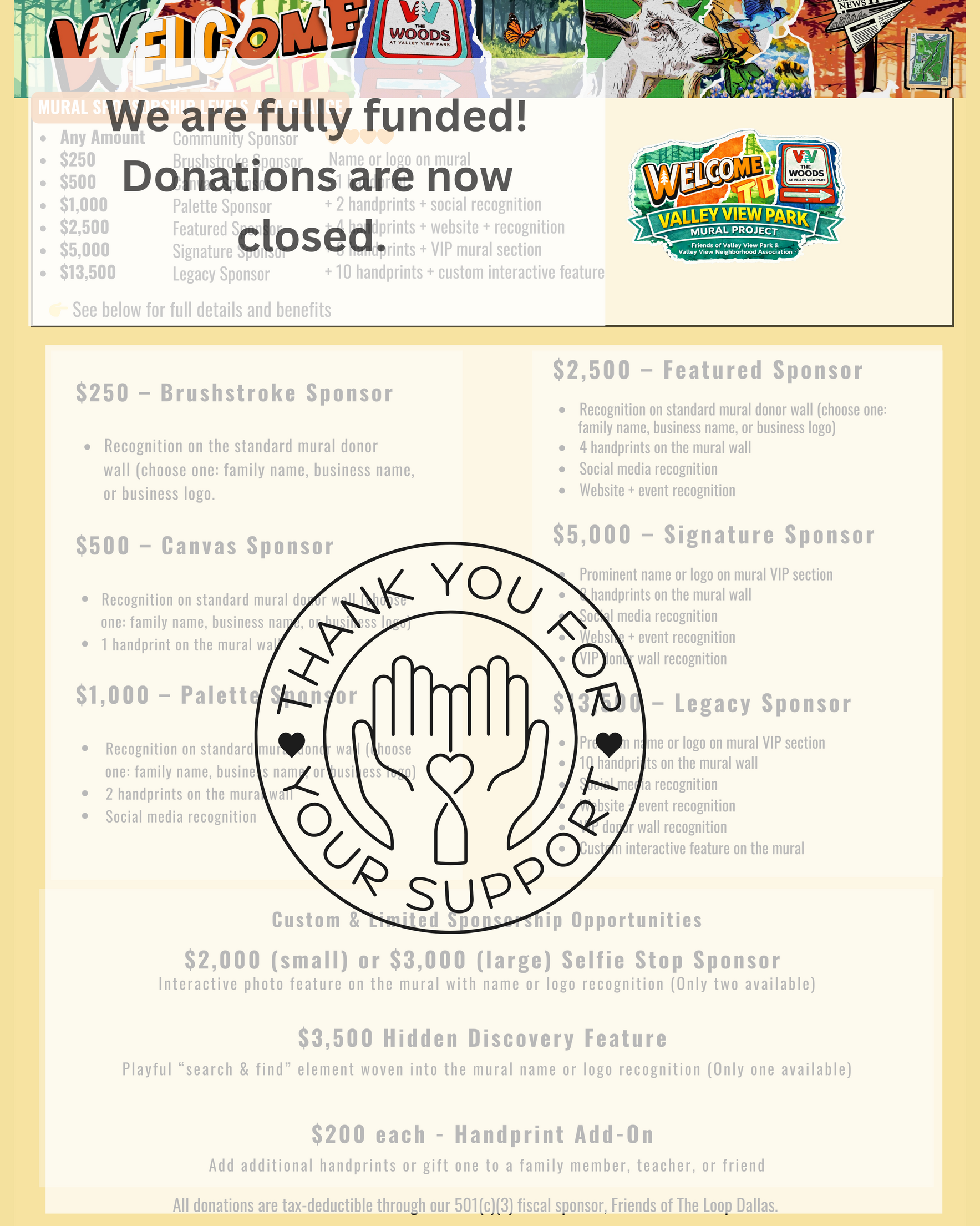 WE ARE FULLY FUNDED AND ARE NO LONGER TAKING ADDITIONAL DONATIONS.  THANK YOU FOR YOUR SUPPORT! COME VISIT THE MURAL! image