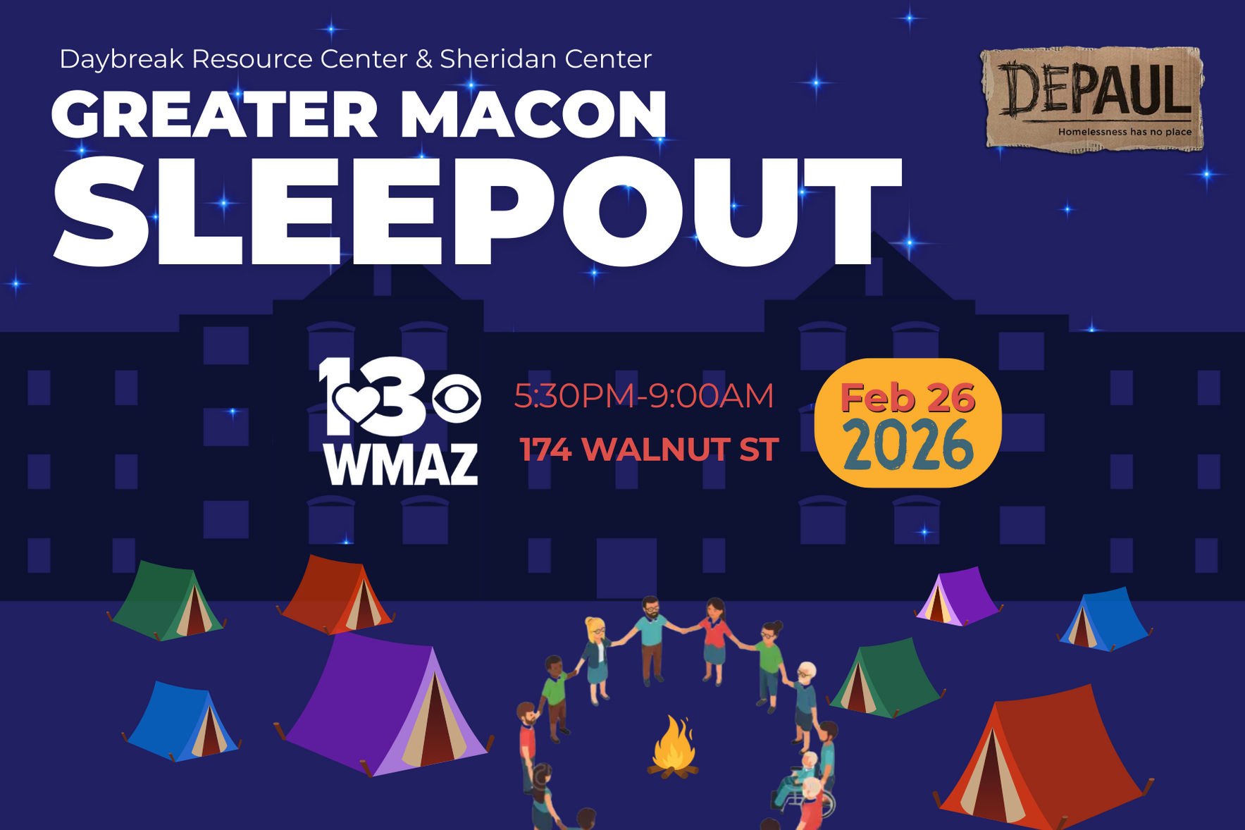 Help WMAZ reach its goal in donating to Macon Daybreak's 13th Annual Sleepout image