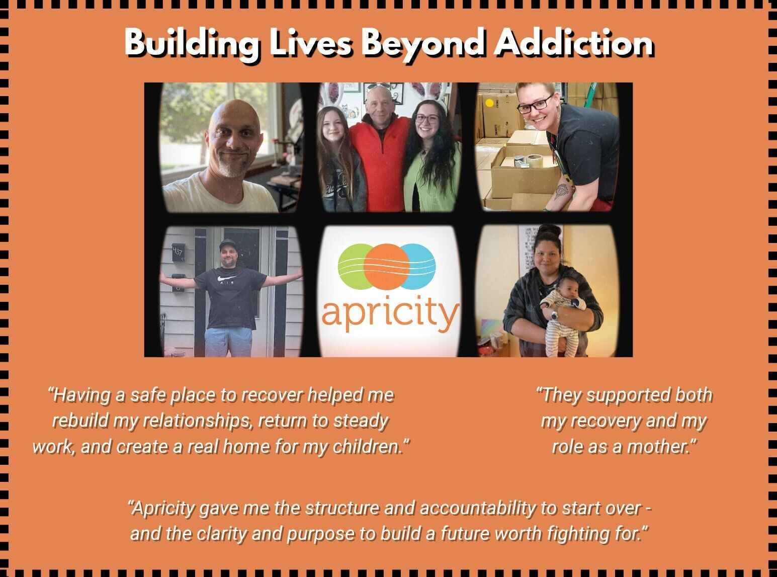 Click the Donate button to give online or mail a gift to Apricity at 4764 Integrity Way, Ste. 312, Appleton WI 54913. image