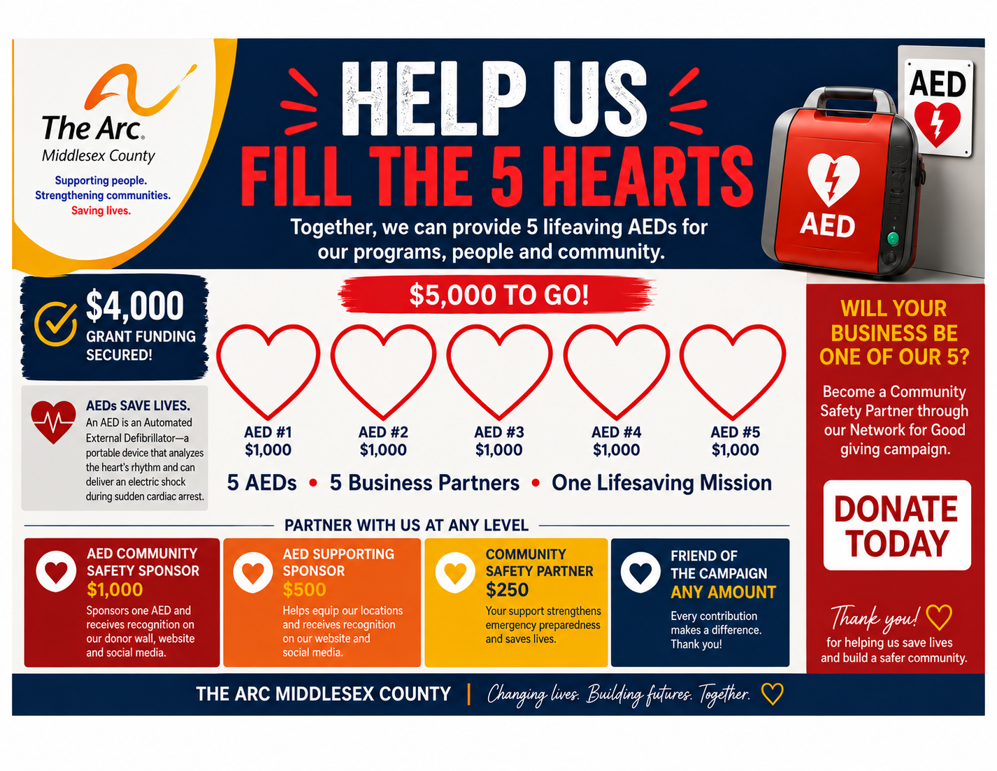 Together, we can provide five lifesaving AEDs for our programs, people, and community. image